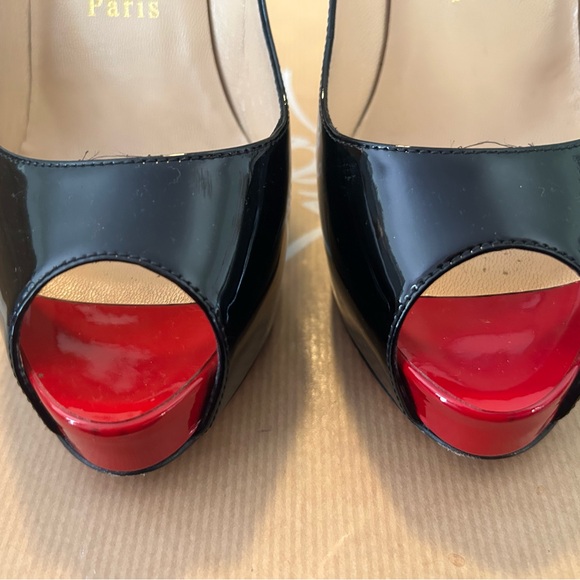 Christian Louboutin Black Patent Peep-Toe Pumps with Red Toe Caps - Picture 2 of 5
